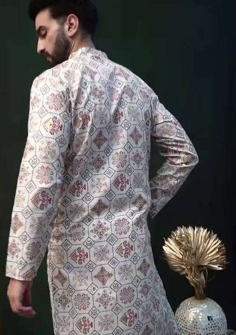 Off White Printed Cotton Kurta Set For Men - Indya