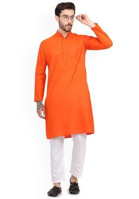 Orange Solid Cotton Kurta Set For Men