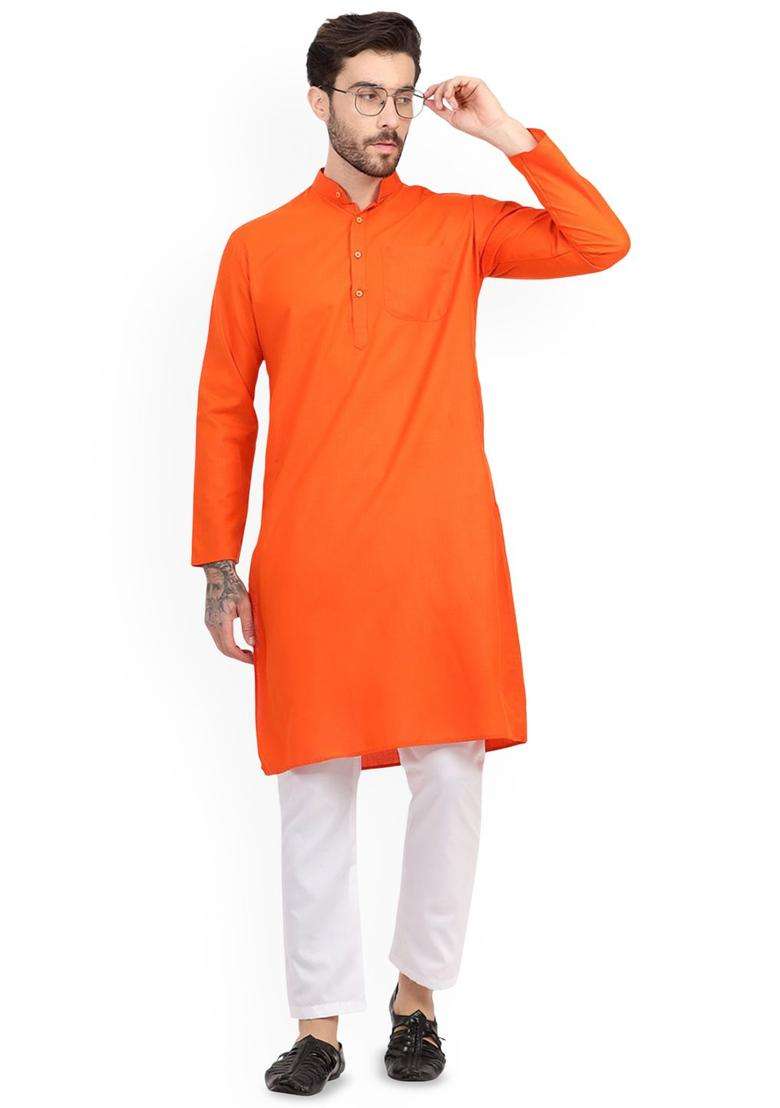 Orange Solid Cotton Kurta Set For Men - Indya