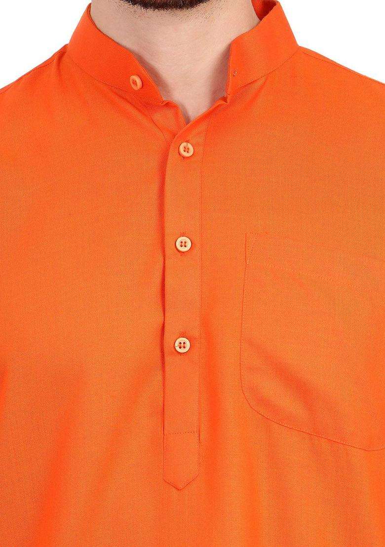 Orange Solid Cotton Kurta Set For Men - Indya