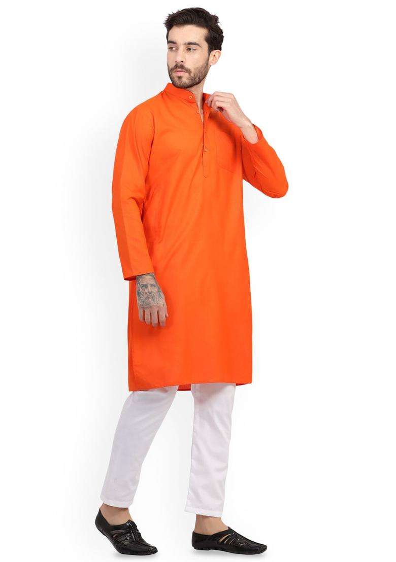 Orange Solid Cotton Kurta Set For Men - Indya