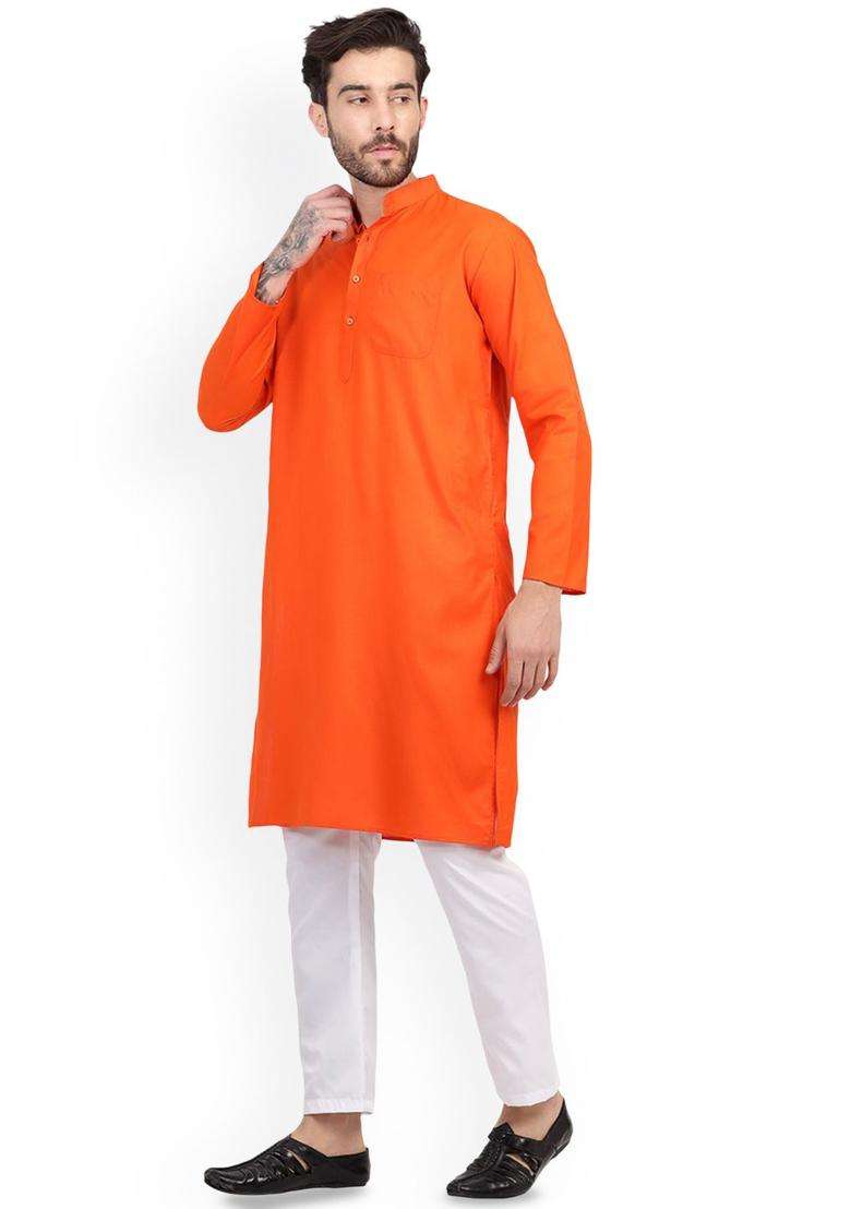 Orange Solid Cotton Kurta Set For Men - Indya