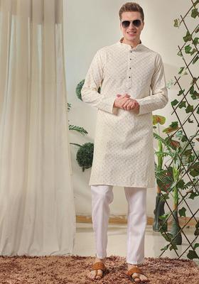 Cream Embroidered Cotton Kurta Set For Men