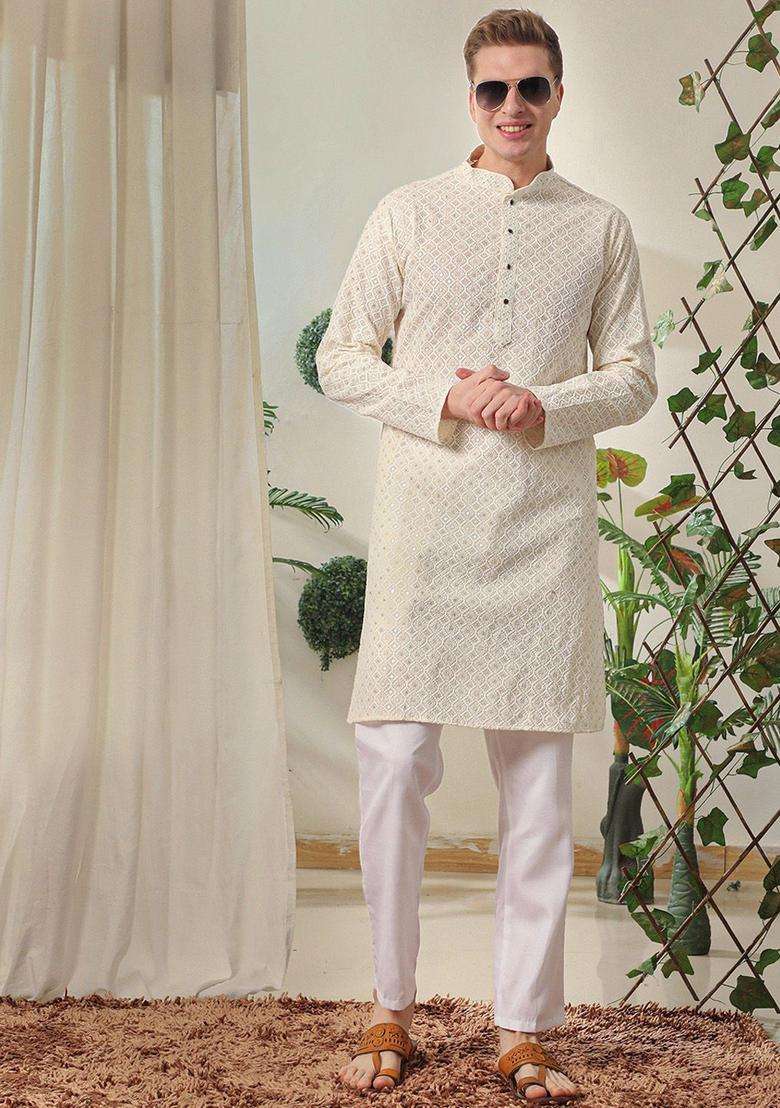 Cream Embroidered Cotton Kurta Set For Men - Indya