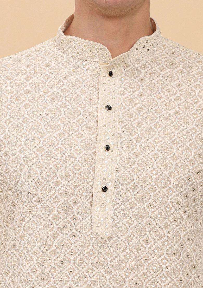 Cream Embroidered Cotton Kurta Set For Men - Indya