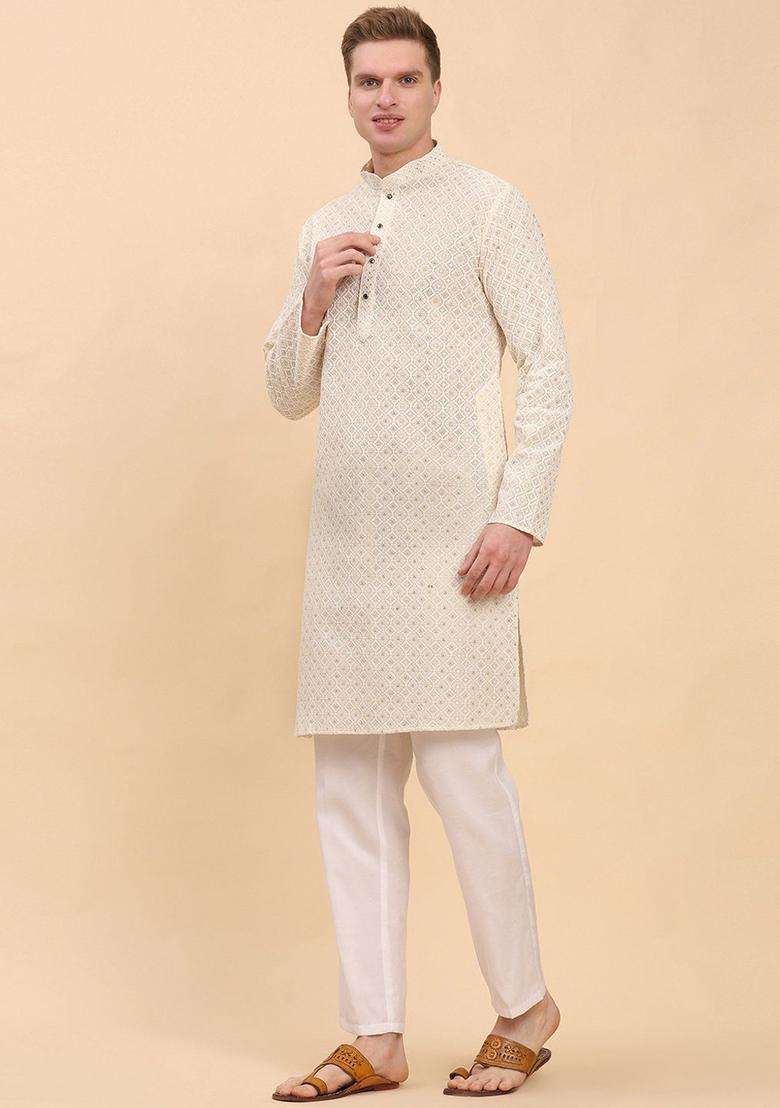 Cream Embroidered Cotton Kurta Set For Men - Indya