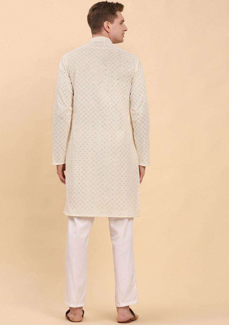 Cream Embroidered Cotton Kurta Set For Men - Indya
