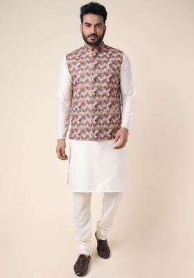 White Embroidered Silk Kurta Set For Men