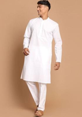 White Solid Cotton Kurta Set For Men