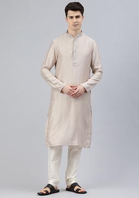Beige Solid Silk Kurta Set For Men