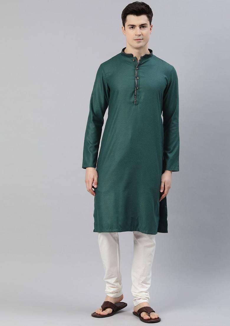 Green Woven Design Viscose Kurta Set For Men - Indya