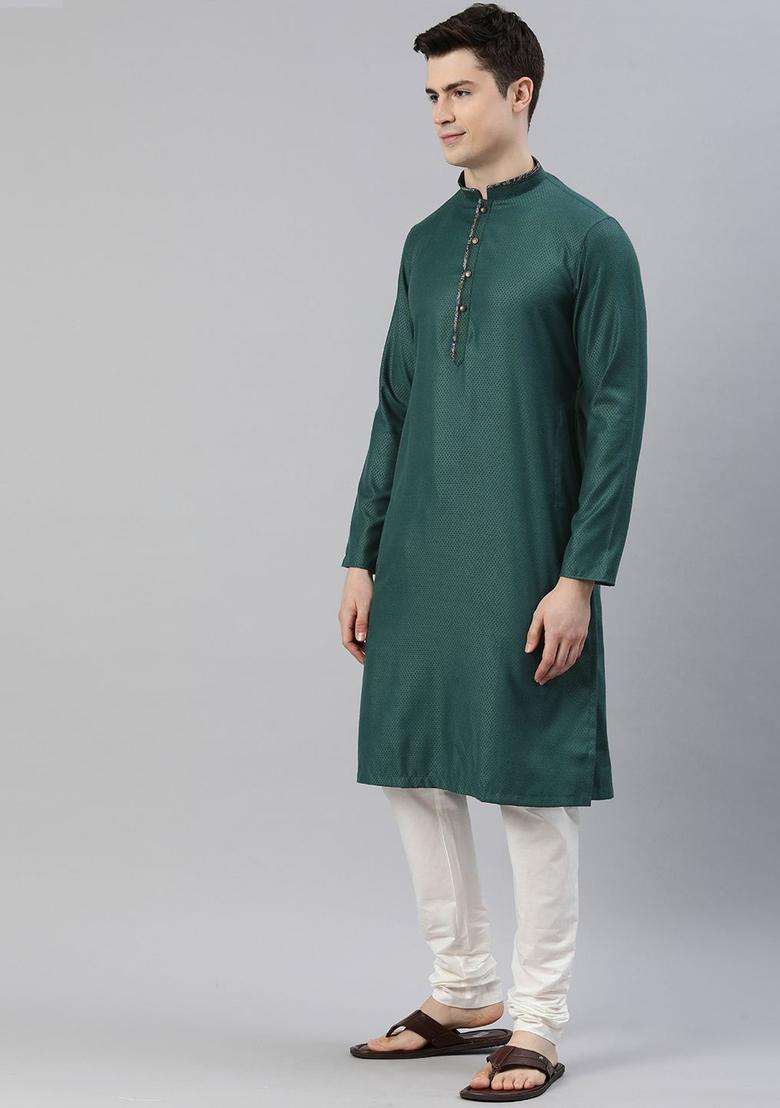 Green Woven Design Viscose Kurta Set For Men - Indya