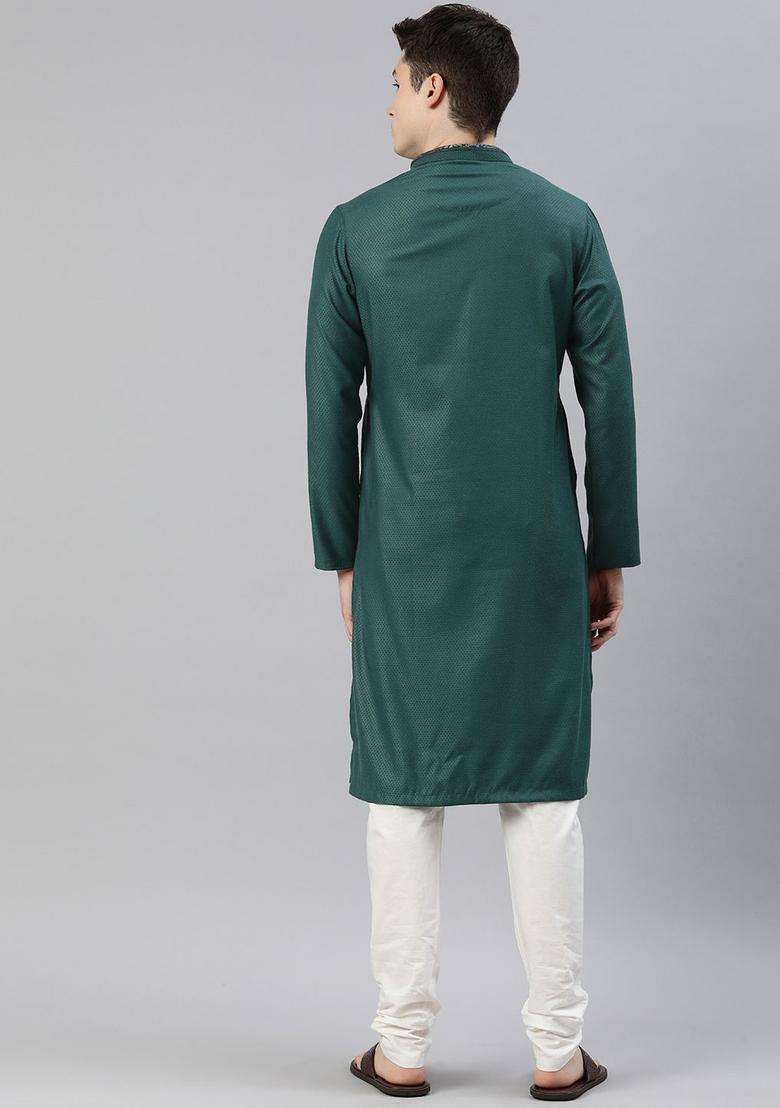 Green Woven Design Viscose Kurta Set For Men - Indya