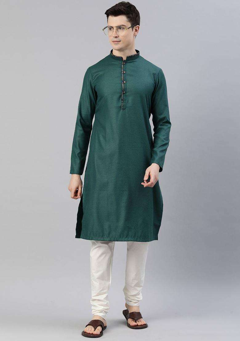 Green Woven Design Viscose Kurta Set For Men - Indya