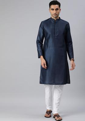 Blue Solid Silk Kurta Set For Men