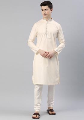 Cream Woven Design Viscose Kurta Set For Men