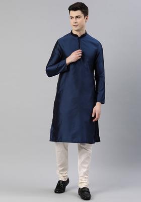 Navy Blue Self Design Silk Kurta Set For Men