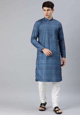 Blue Printed Cotton Kurta Set For Men