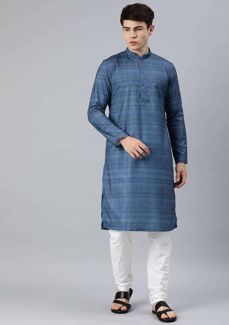 Blue Printed Cotton Kurta Set For Men - Indya