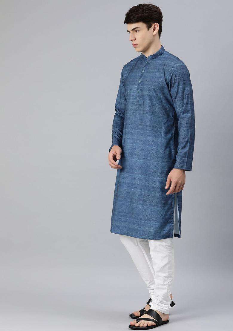 Blue Printed Cotton Kurta Set For Men - Indya