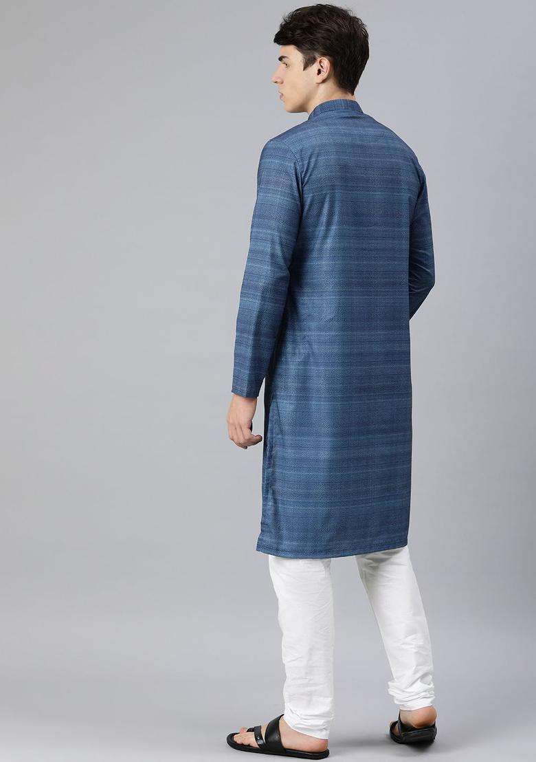 Blue Printed Cotton Kurta Set For Men - Indya