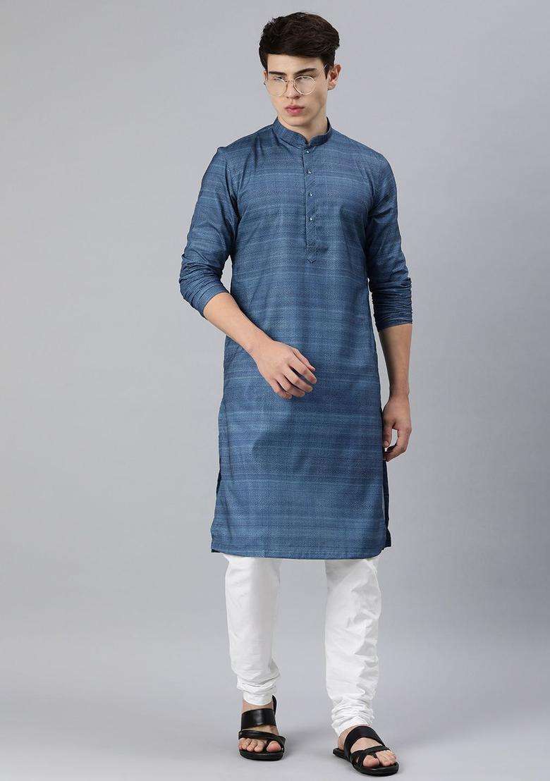 Blue Printed Cotton Kurta Set For Men - Indya