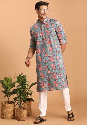 Blue Printed Cotton Kurta Set For Men