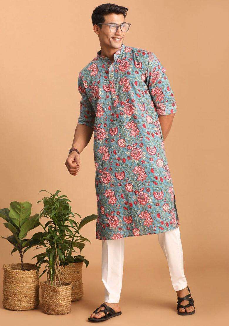 Blue Printed Cotton Kurta Set For Men - Indya