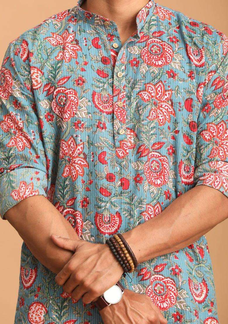 Blue Printed Cotton Kurta Set For Men - Indya