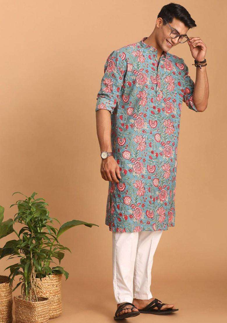 Blue Printed Cotton Kurta Set For Men - Indya