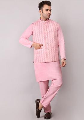 Pink Woven Design Cotton Kurta Set For Men
