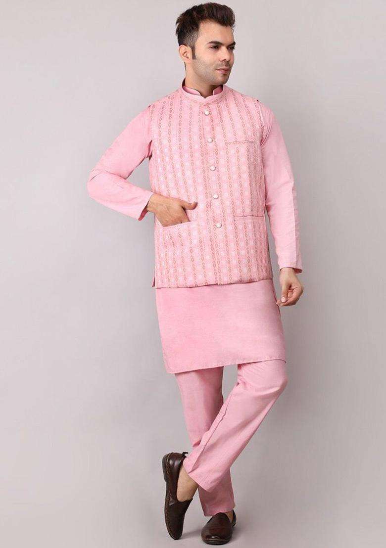 Pink Woven Design Cotton Kurta Set For Men - Indya