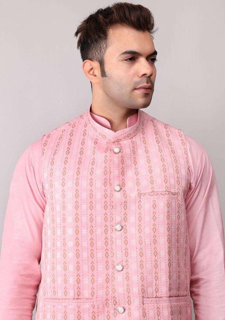 Pink Woven Design Cotton Kurta Set For Men - Indya
