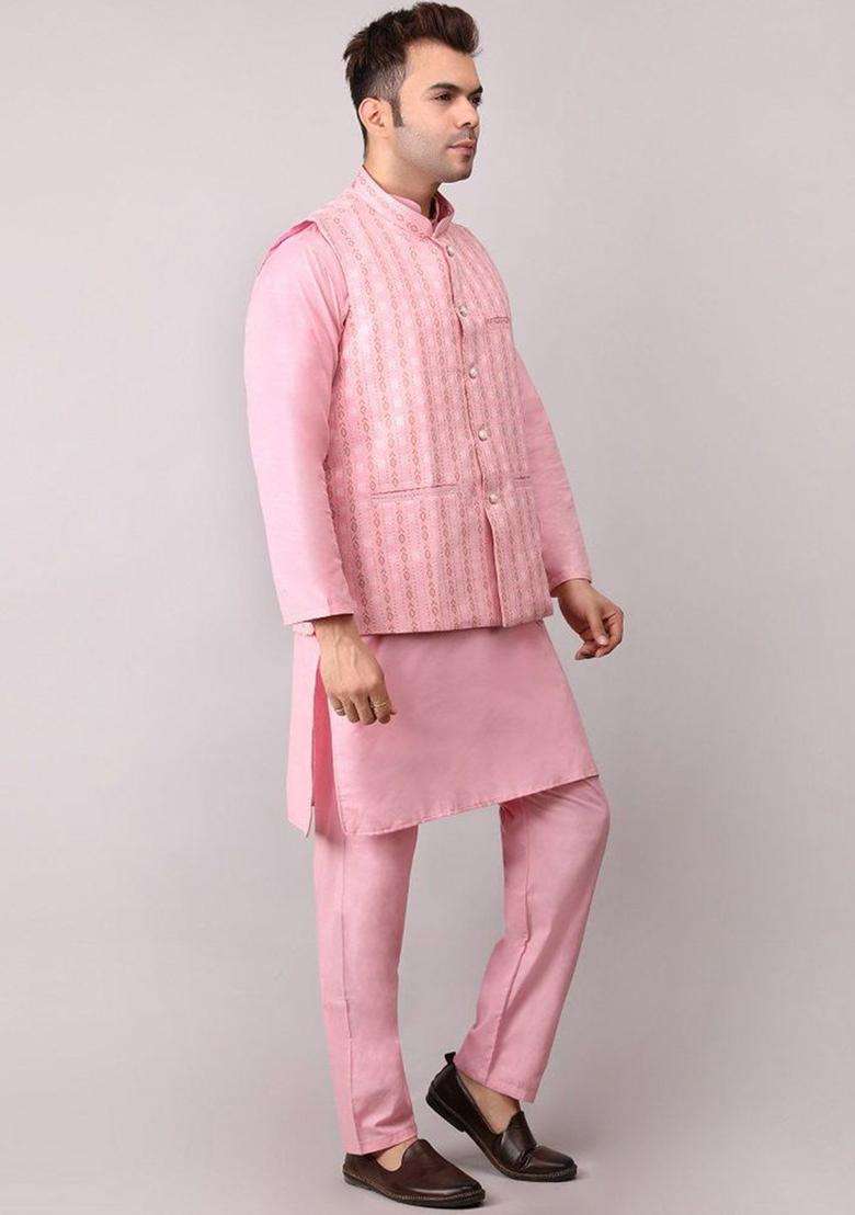 Pink Woven Design Cotton Kurta Set For Men - Indya