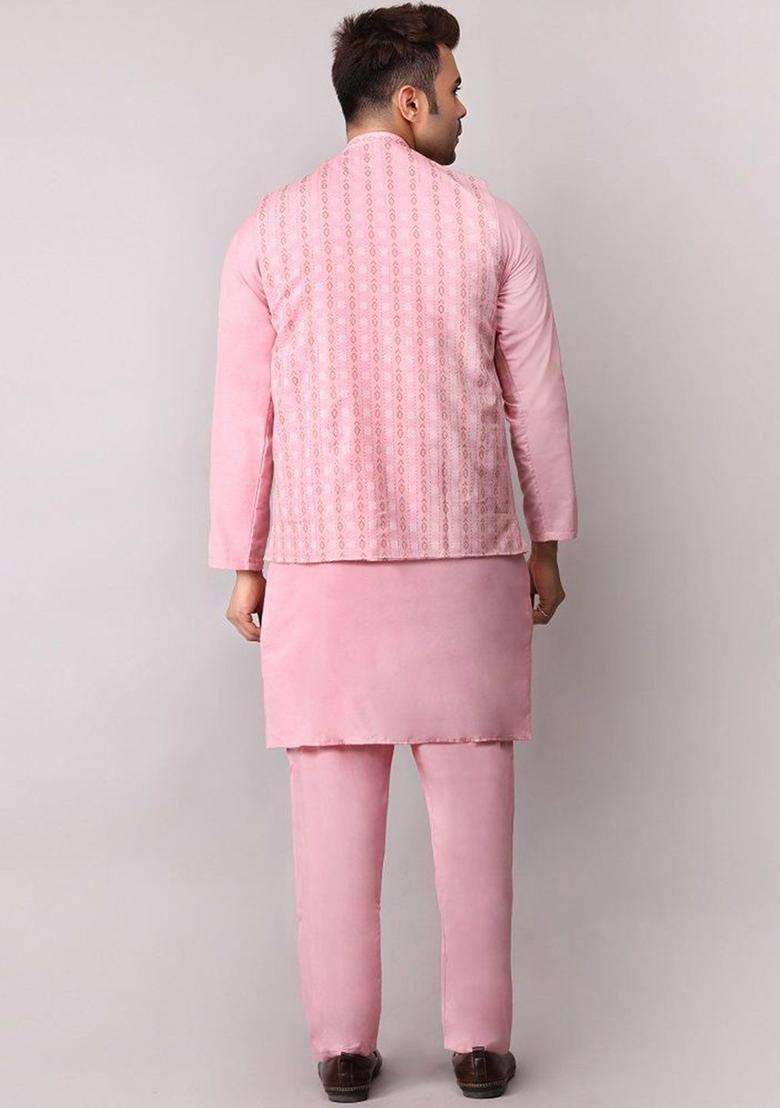 Pink Woven Design Cotton Kurta Set For Men - Indya
