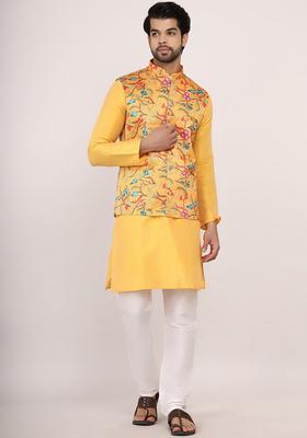 Yellow Solid Silk Kurta Set For Men