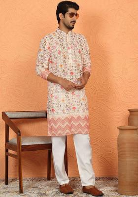 Off White Embroidered Cotton Kurta Set For Men