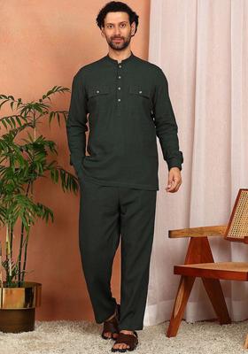 Green Solid Linen Kurta Set For Men