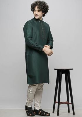 Green Yoke Design Cotton Kurta Set For Men