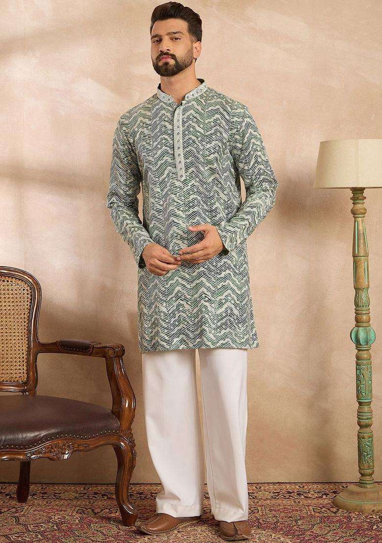 Multi Printed Silk Blend Kurta Set For Men - Indya