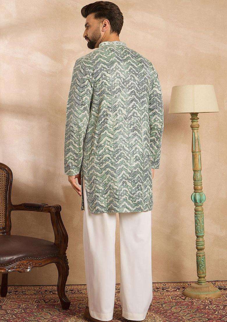 Multi Printed Silk Blend Kurta Set For Men - Indya