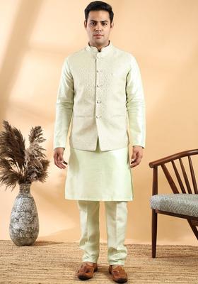Lime Green Solid Silk Kurta Set For Men