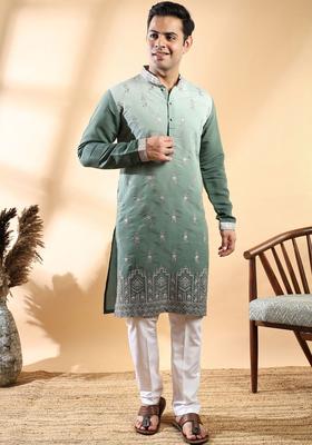 Green Embroidered Cotton Kurta Set For Men