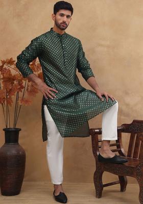 Green Woven Design Silk Kurta Set For Men