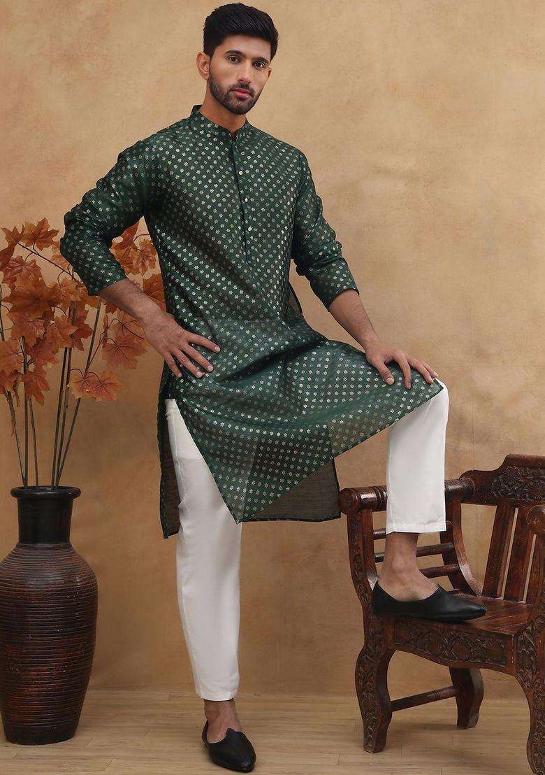 Green Woven Design Silk Blend Kurta Set For Men - Indya