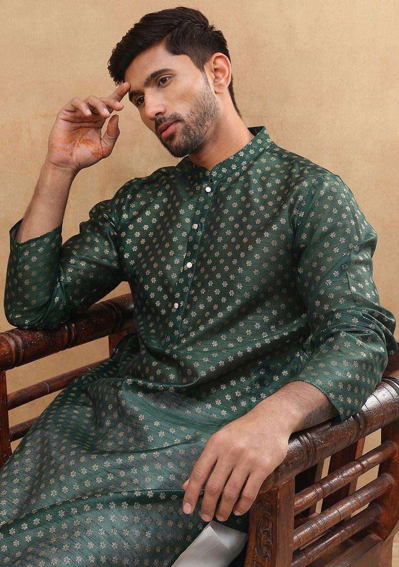 Green Woven Design Silk Blend Kurta Set For Men - Indya