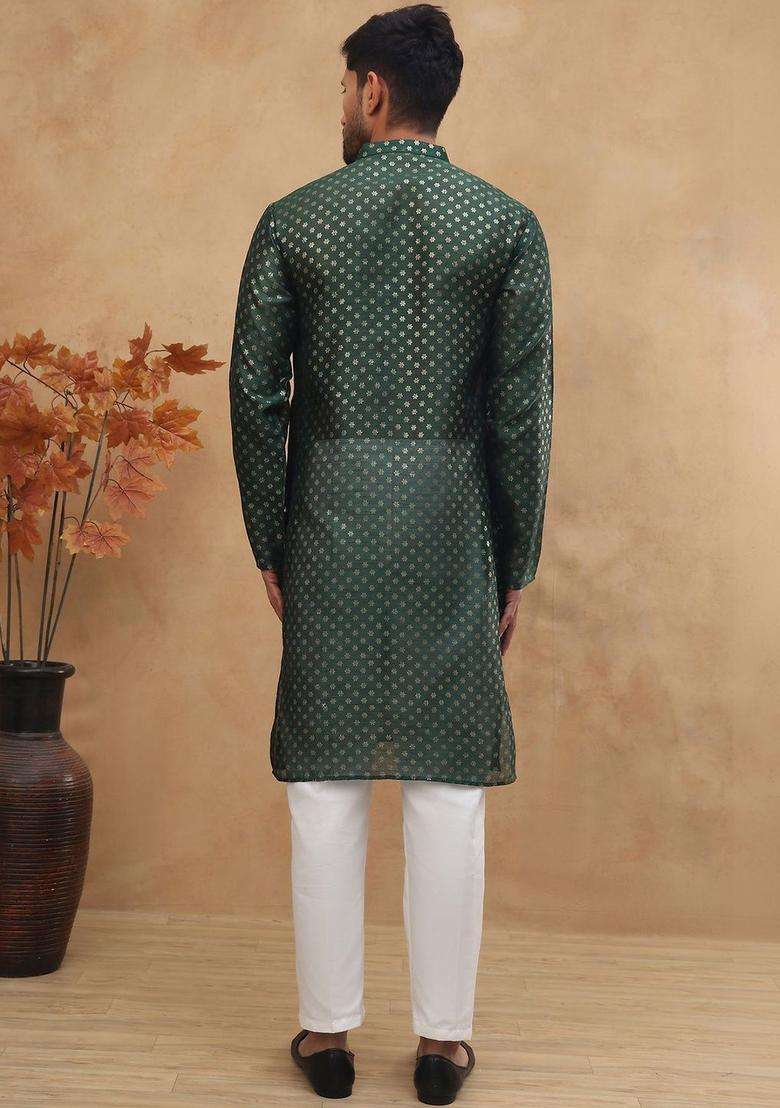 Green Woven Design Silk Blend Kurta Set For Men - Indya