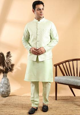 Green Solid Silk Kurta Set For Men