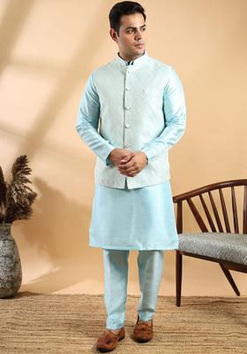 Turquoise Blue Solid Silk Blend Kurta Set For Men
