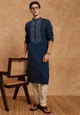 Green Embroidered Cotton Kurta Set For Men